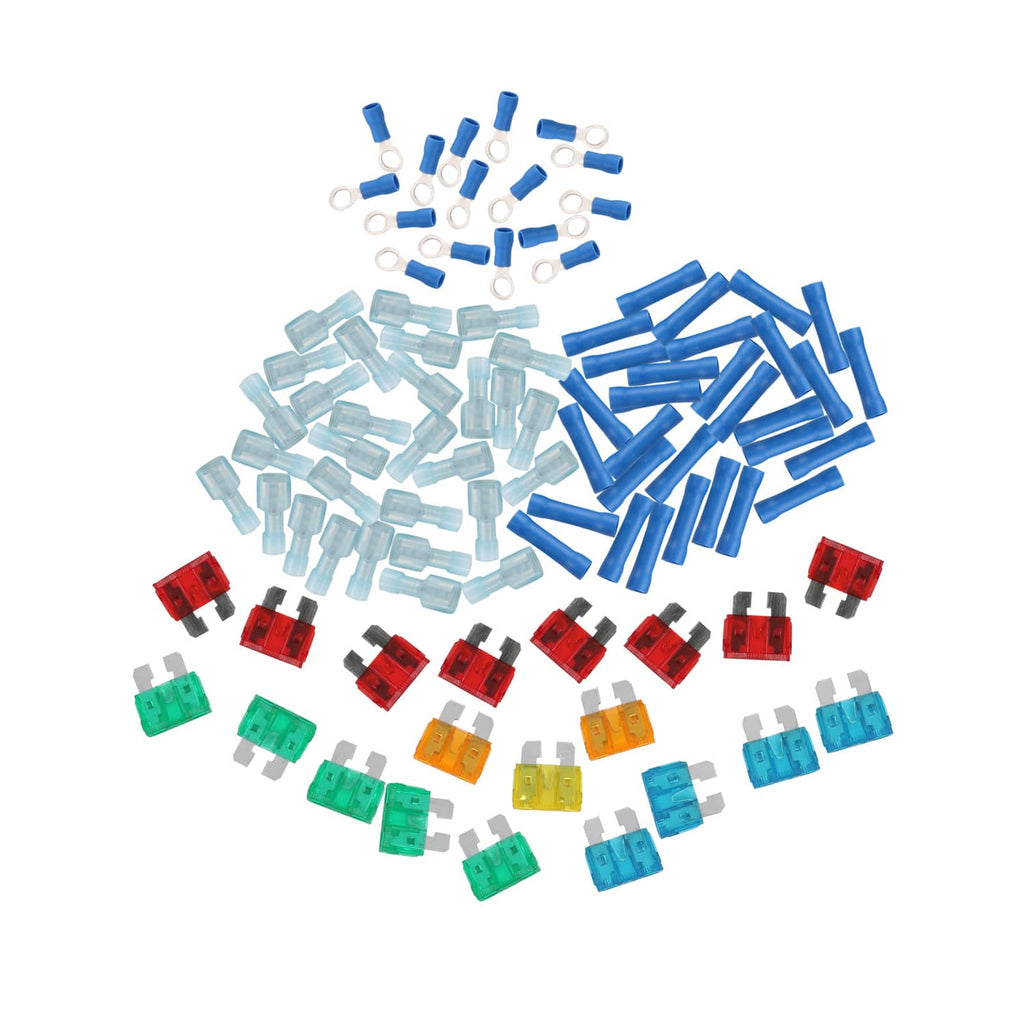 Wire harness terminals and fuses kit with blue, red, green, and yellow mini connectors