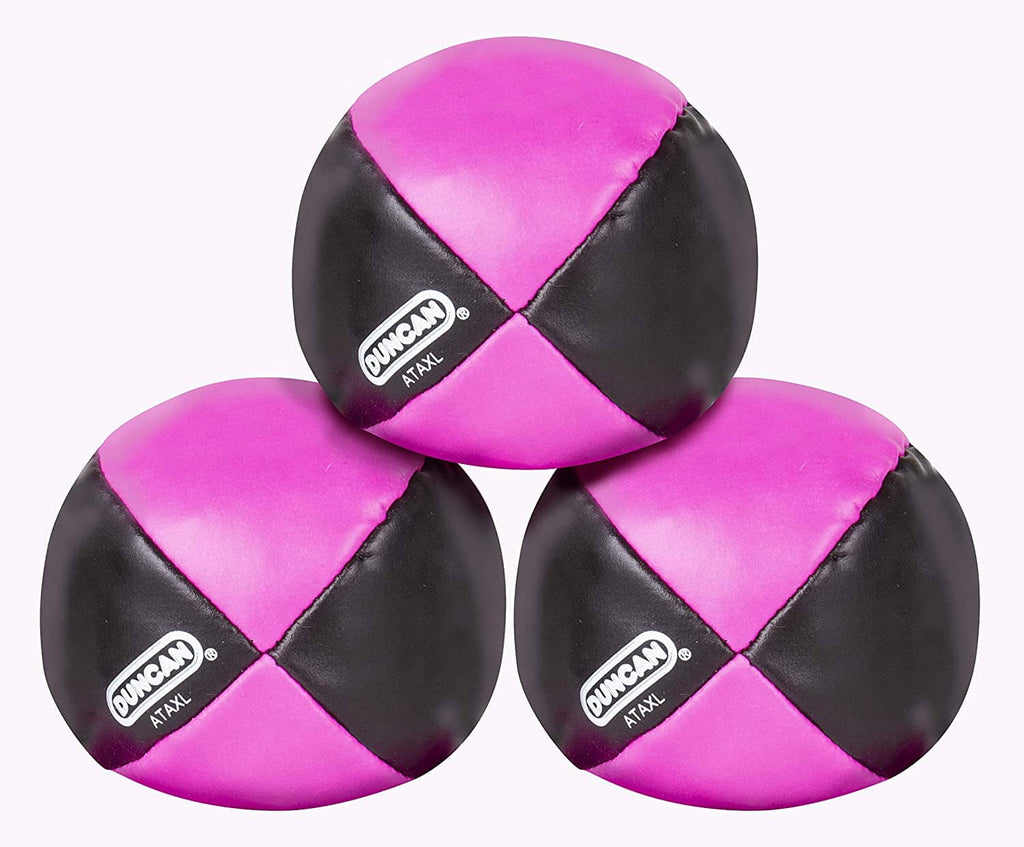 Multicolor vinyl juggling balls set of 3, pink and black with four-panel design.