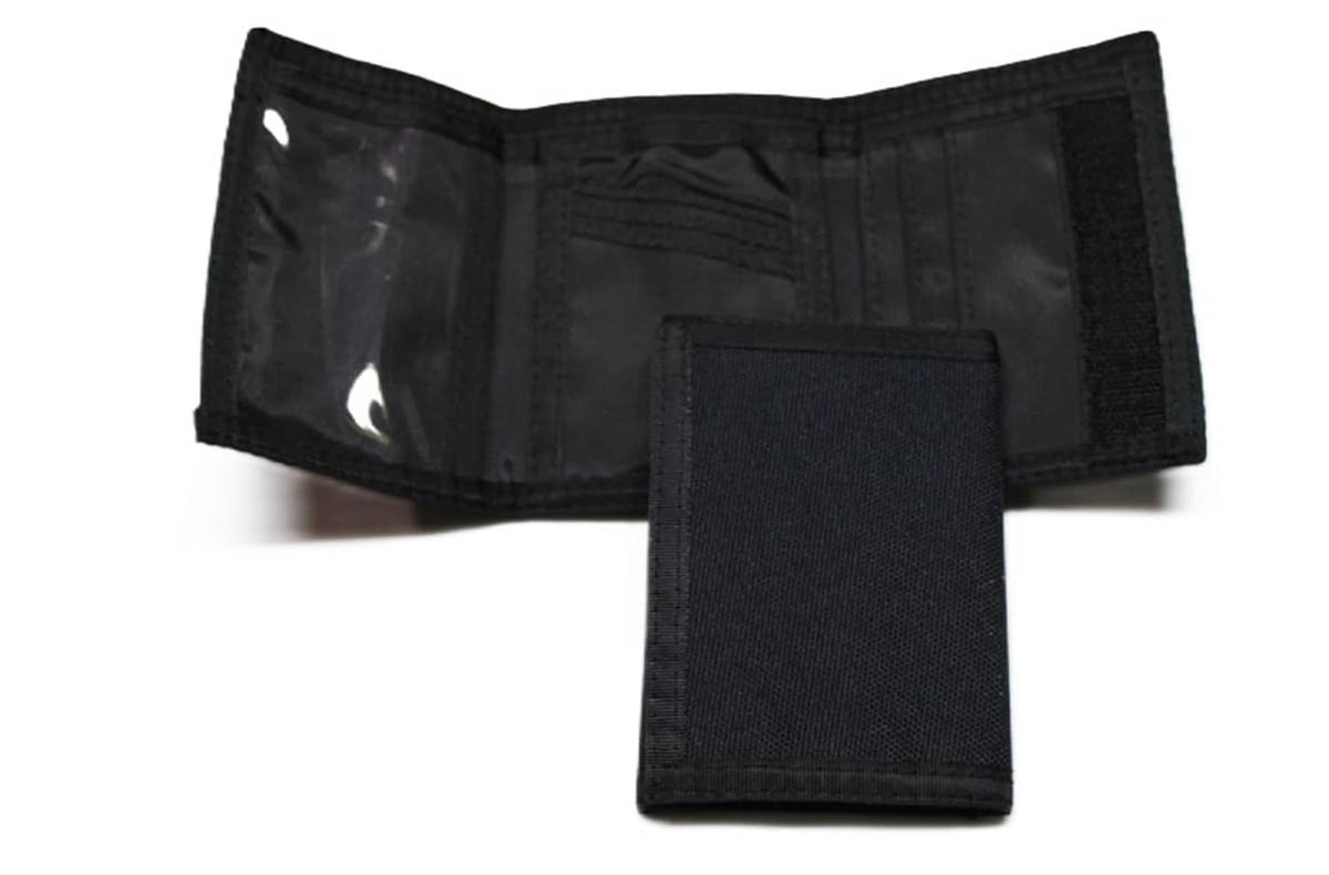 Black nylon trifold credit card wallet with three card slots, unfolded