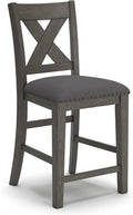 Counter-height upholstered bar stool with X-back dark wood frame and gray padded seat