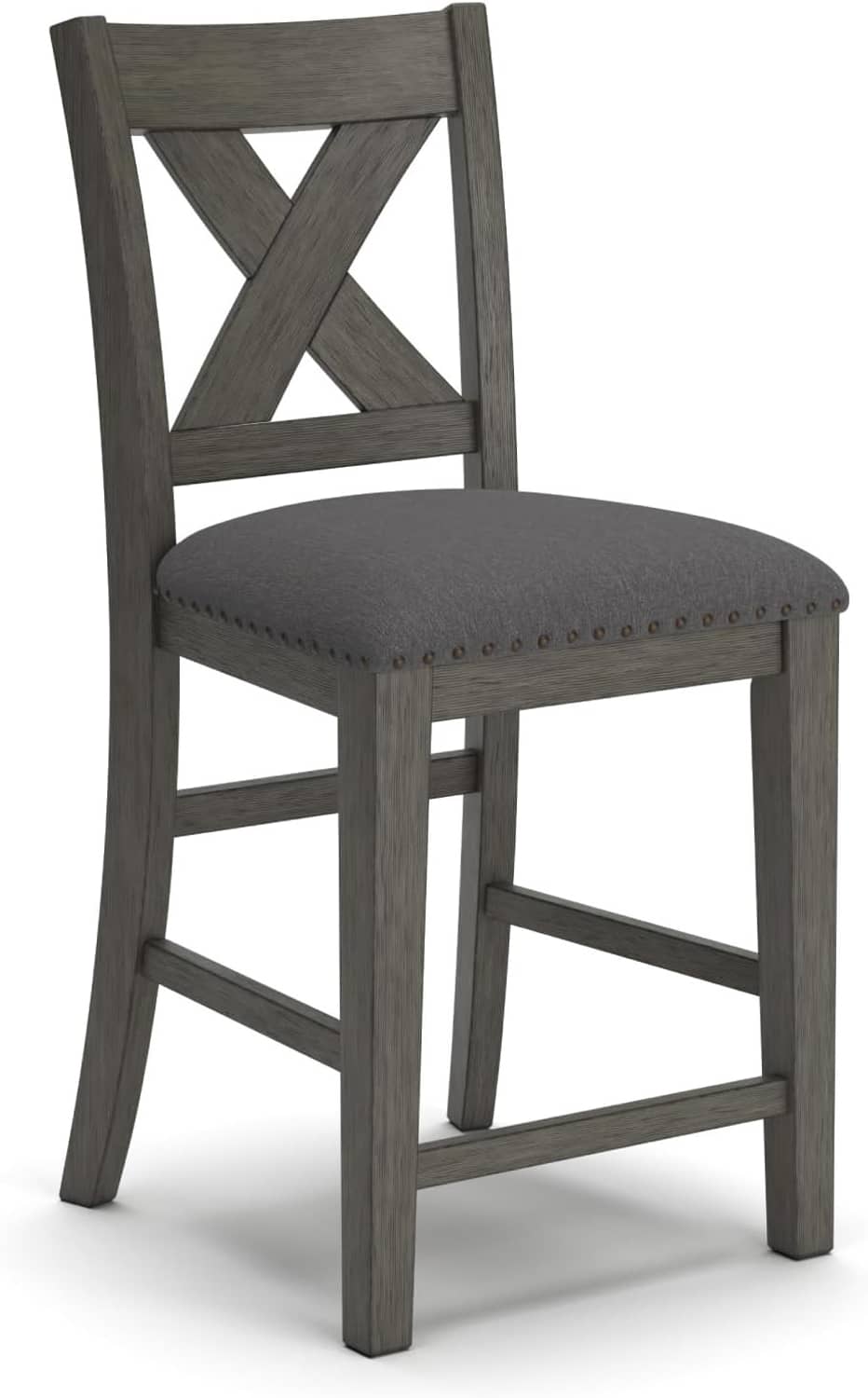 Counter-height upholstered bar stool with X-back dark wood frame and gray padded seat
