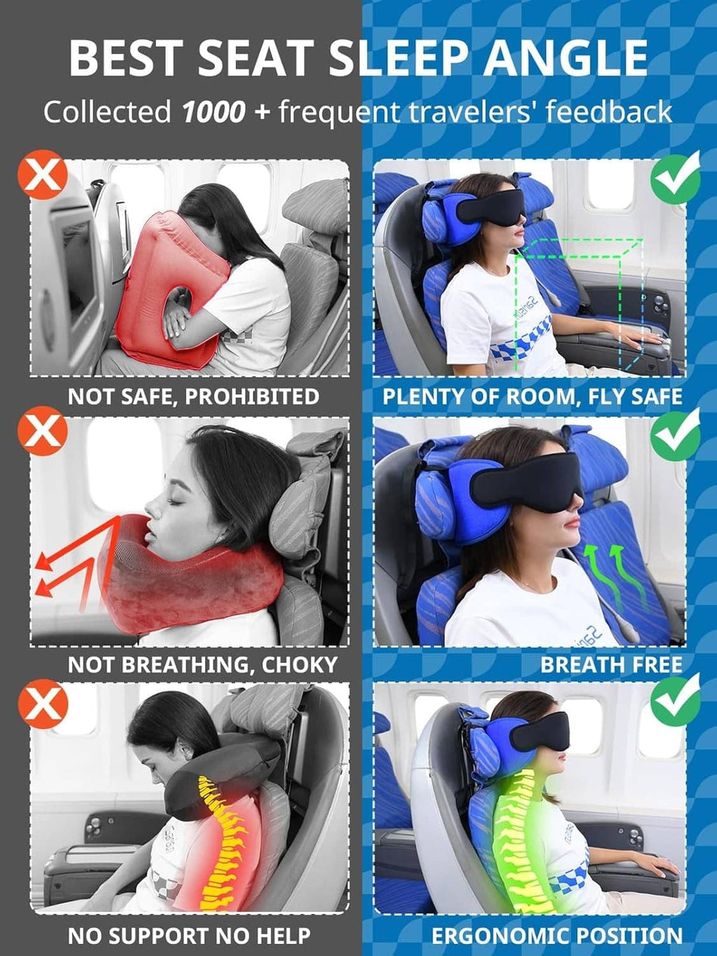 Blue travel neck pillow with curved headrest for airplane seating