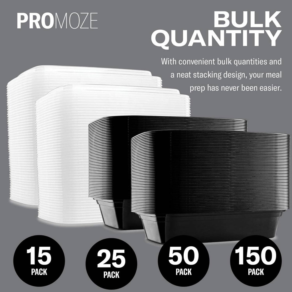 Bulk stack of meal prep containers in white and black with clear lids