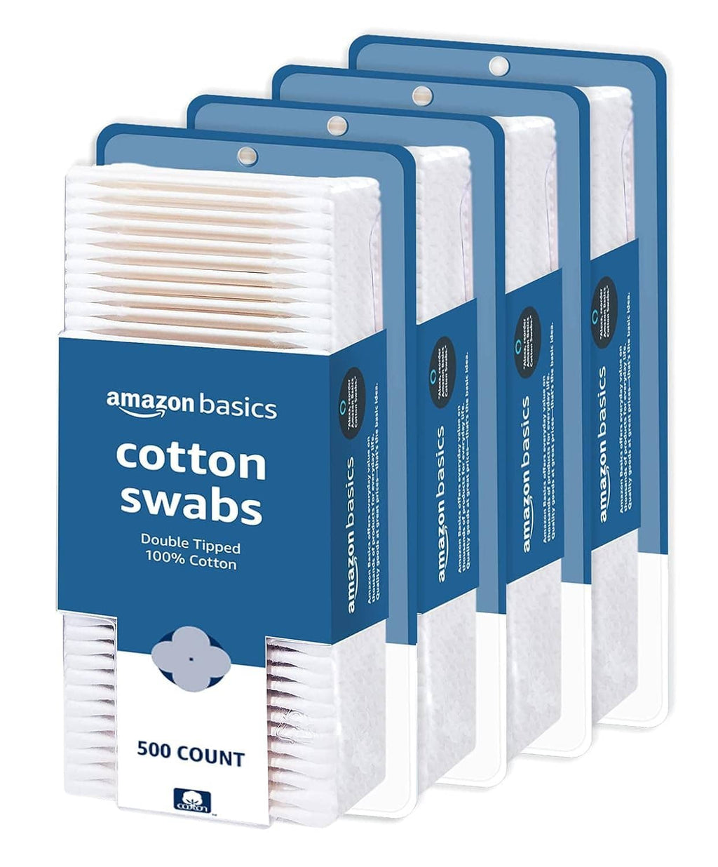 Multiple double-tipped cotton swab packs in blue and white packaging