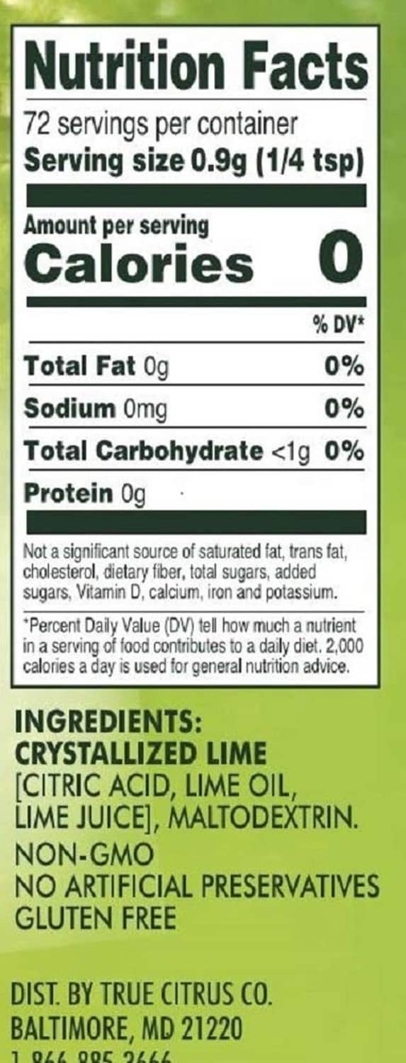 Nutrition Facts label for crystallized lime seasoning shaker, serving size 0.9 g