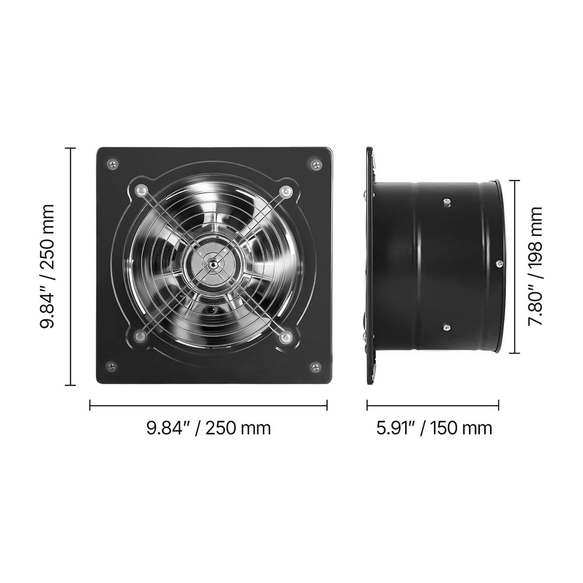 Wall-mounted ventilation fan size view with front grille width and depth measures