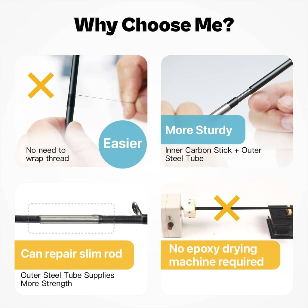 Fishing rod repair kit close-up with inner carbon stick and outer stainless tube assembly