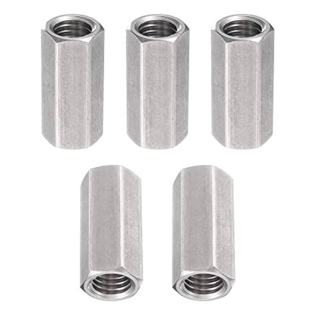 Set of five silver hex coupling nuts, hex body with internal threads