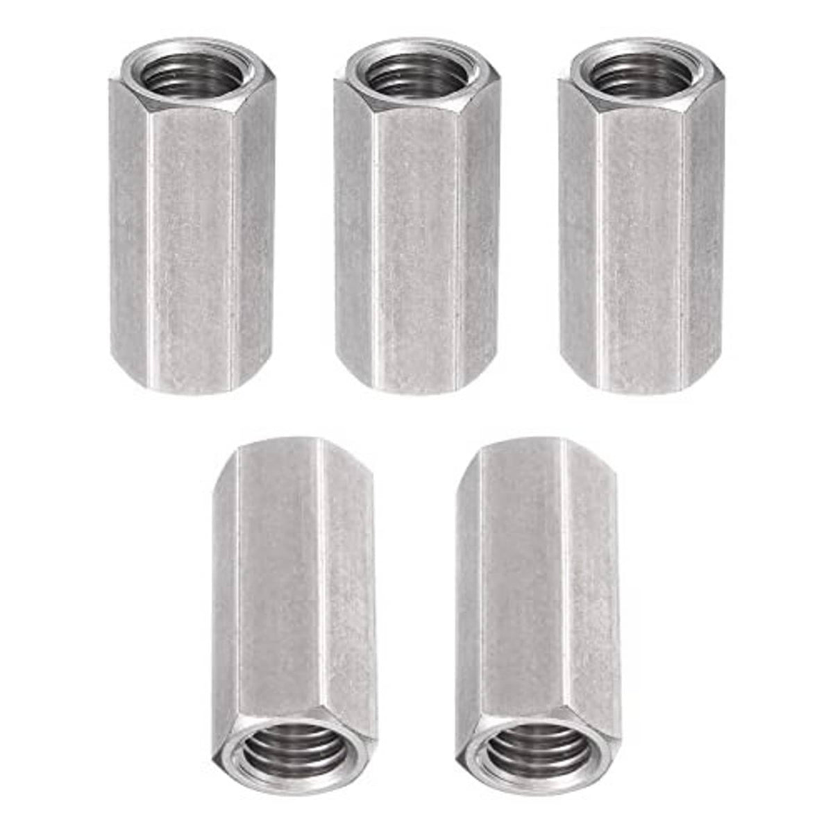 Set of five silver hex coupling nuts, hex body with internal threads
