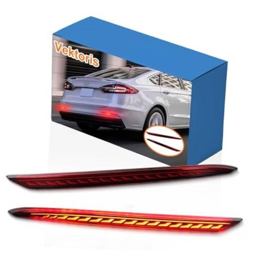 LED rear bumper reflector light bar set with red lens and glowing horizontal LED pattern