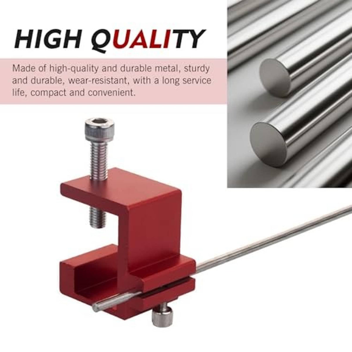 Red chain straightener clamp with threaded vertical screw on silver bar
