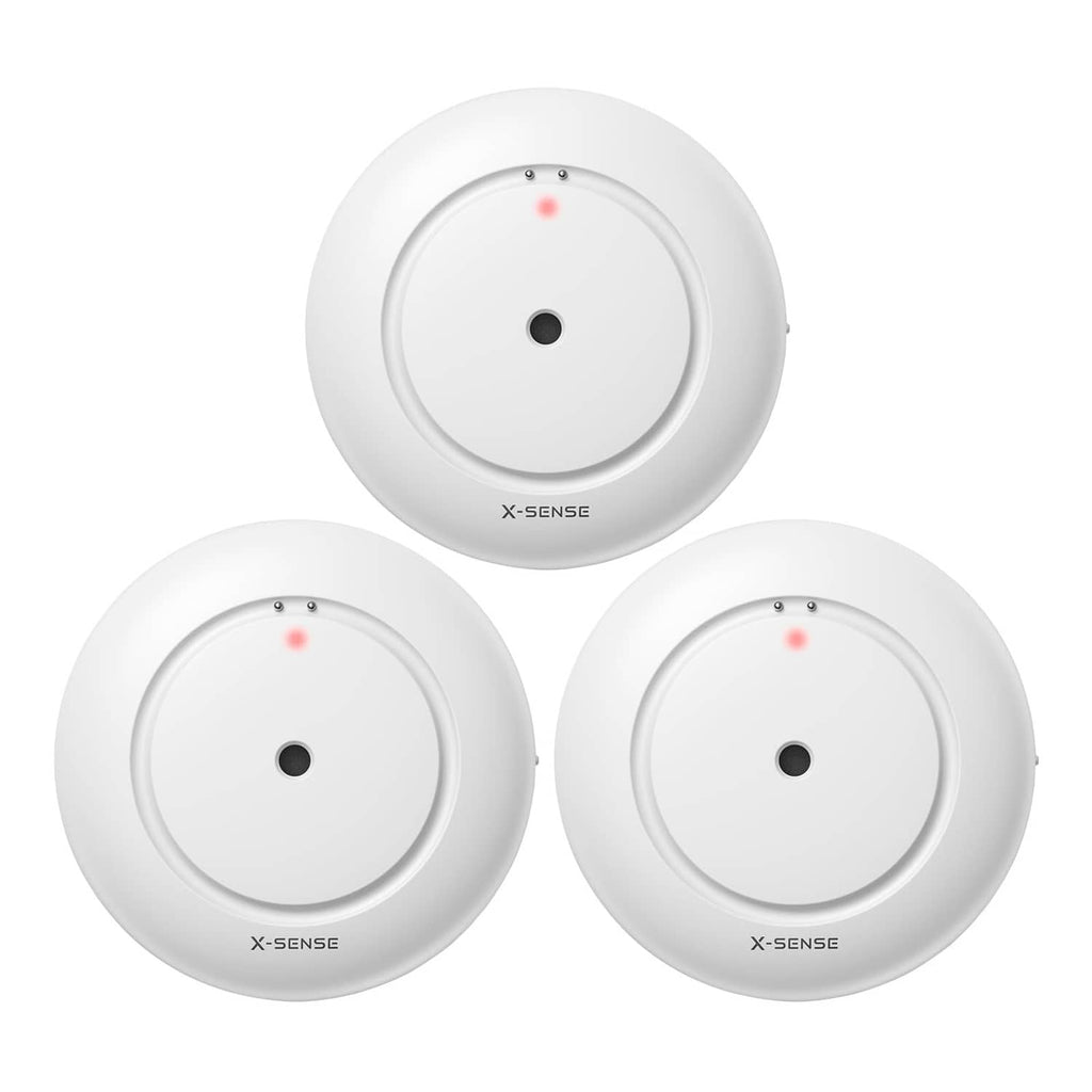 Slim white X-Sense water leak detector, round sensor face with red status LED