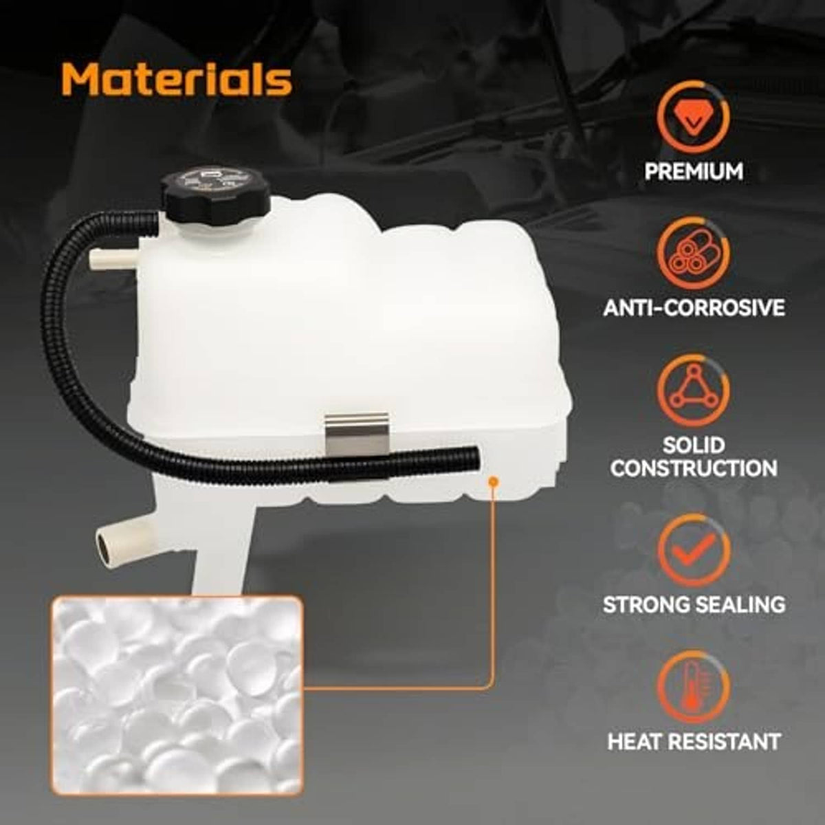 White plastic coolant overflow recovery tank with black cap and anti-corrosion design
