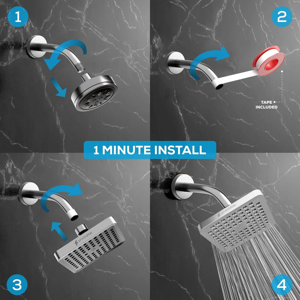 Polished chrome rain shower head installation kit components and shower arm