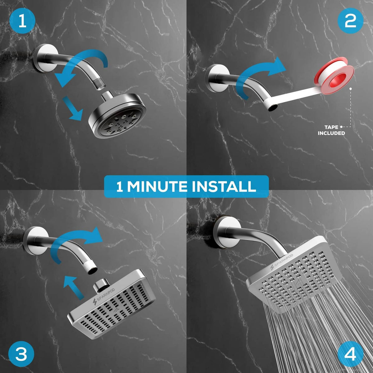Polished chrome rain shower head installation kit components and shower arm