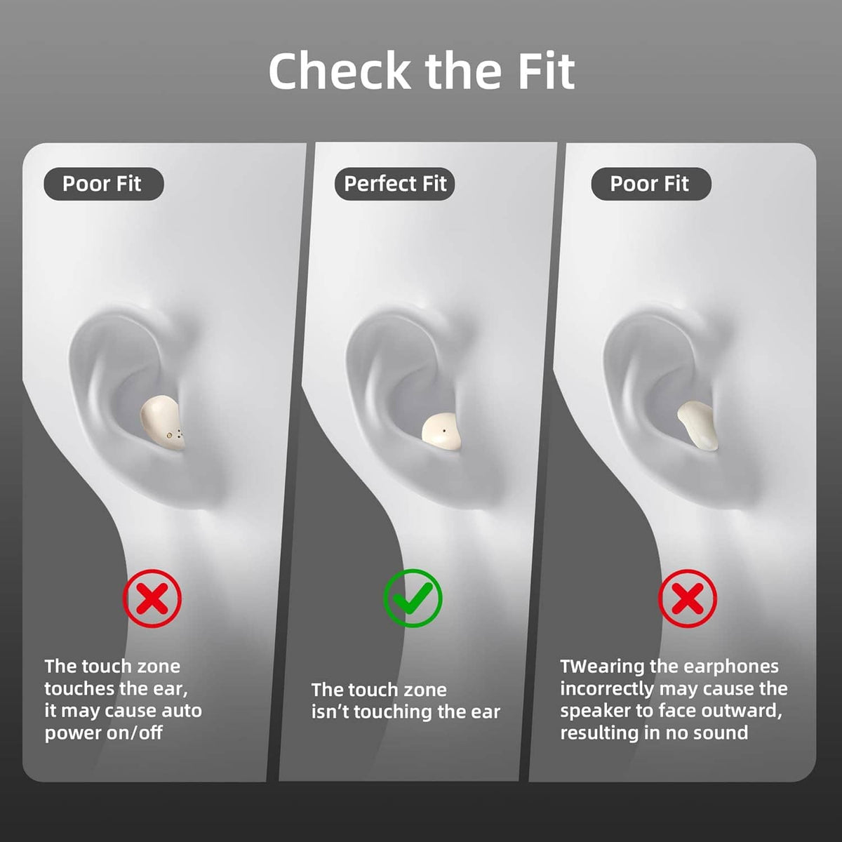 Ear fit guide showing earbuds inserted correctly and incorrectly in side profiles
