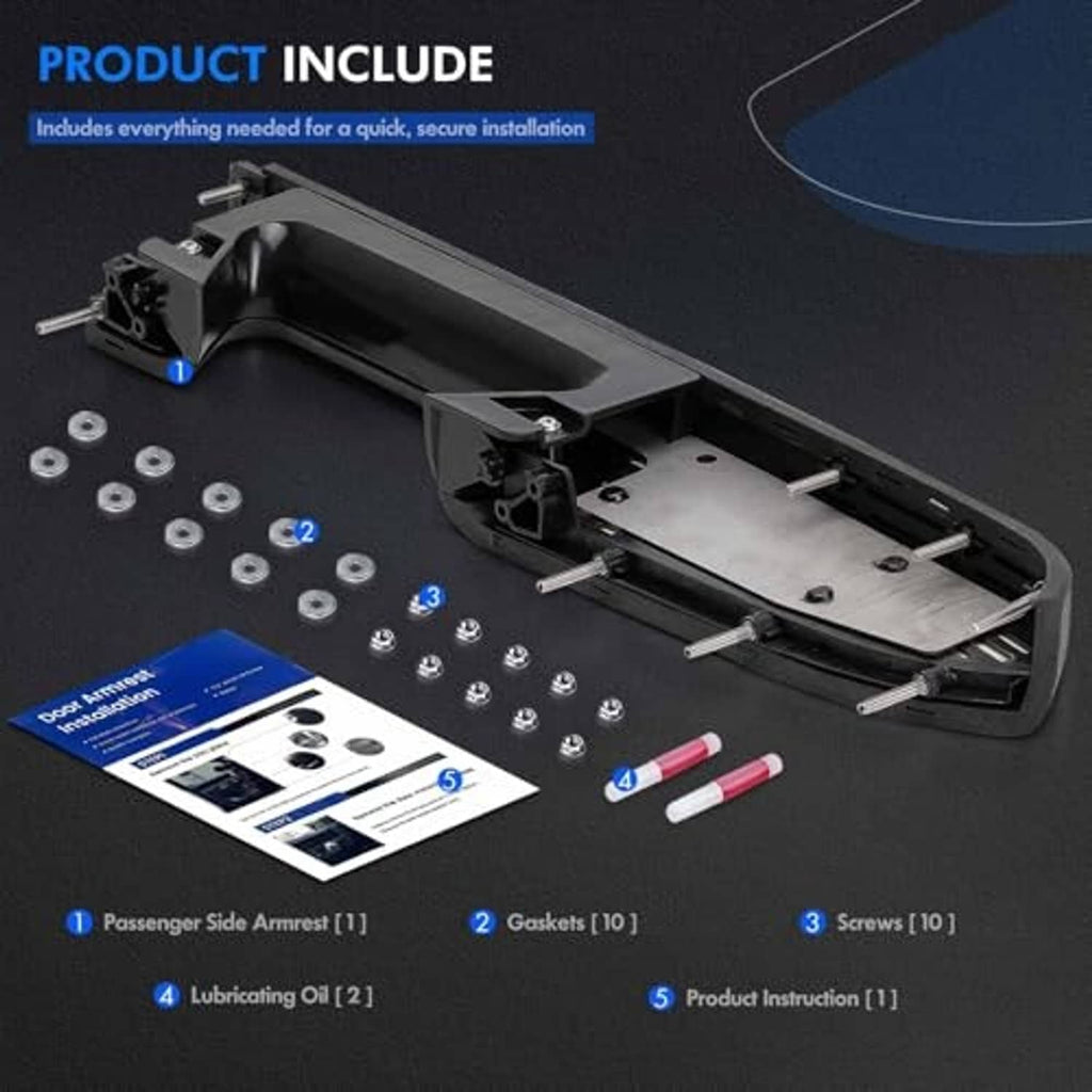Black armrest repair kit components: bracket, screws, washers, gaskets, and instructions