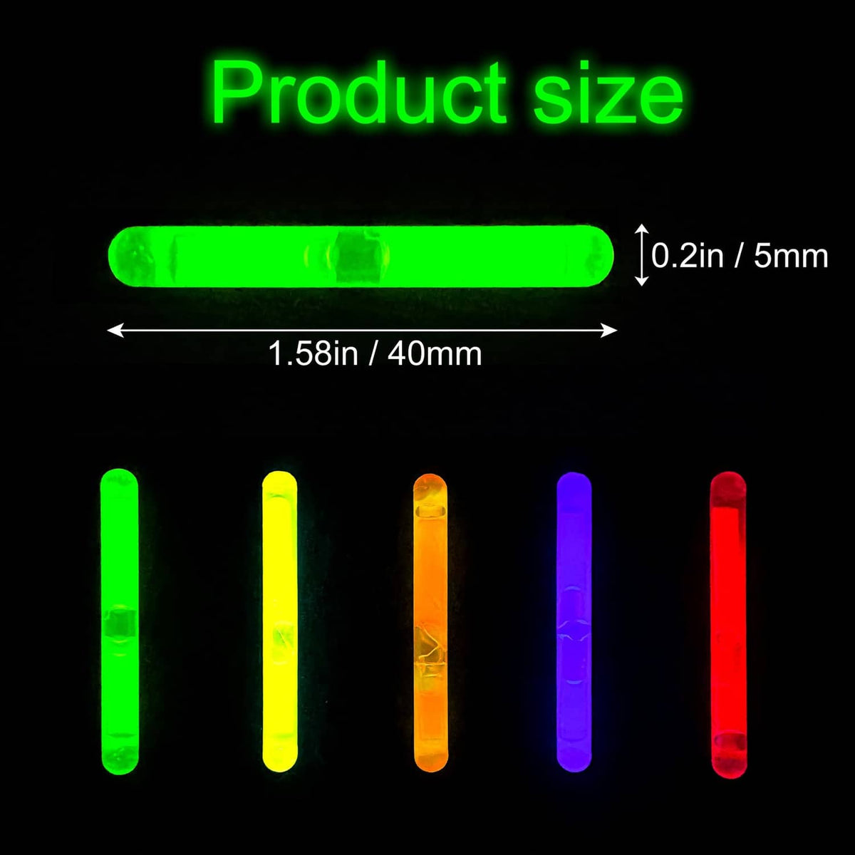 Mini glow stick size shown: about 40mm long and 5mm thick in multiple colors