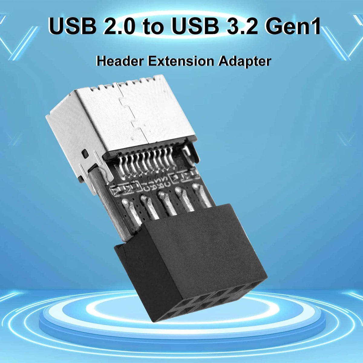 USB header extension adapter with 9-pin plug and black shroud, metal housing