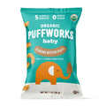 Organic baby almond butter puffs bag, teal package with elephant graphic and puff snacks
