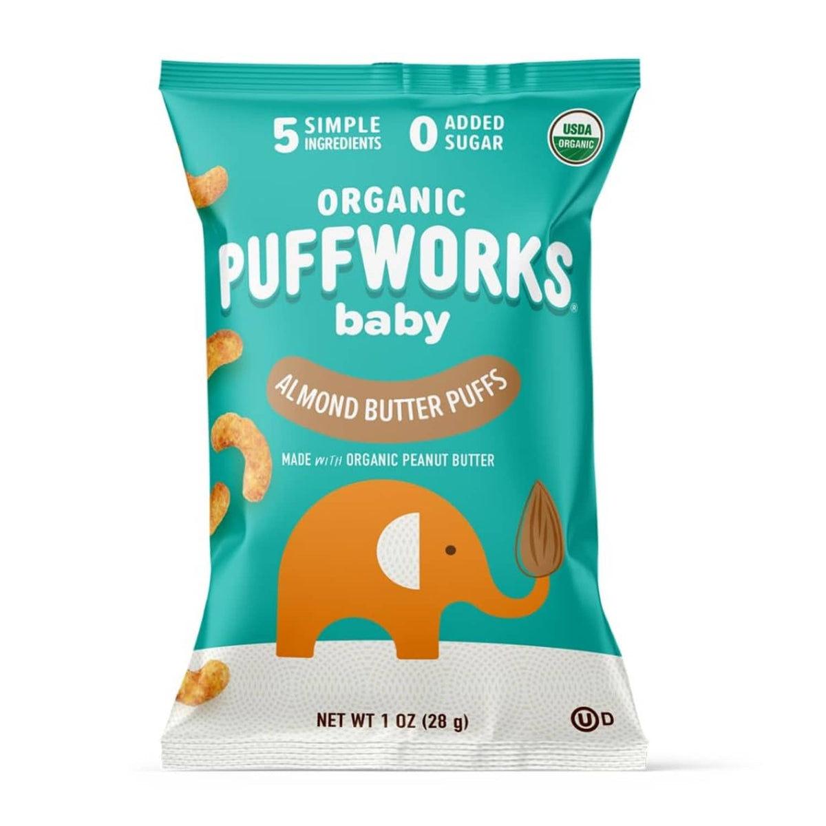 Organic baby almond butter puffs bag, teal package with elephant graphic and puff snacks