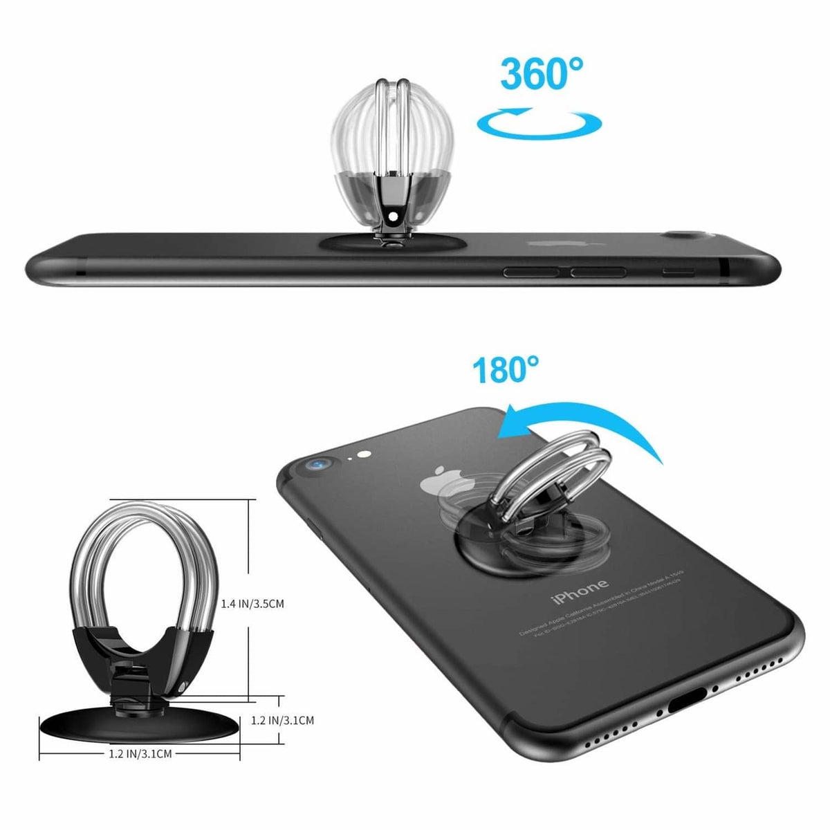 Phone ring holder stand with 360° rotating metal finger loop, side and size views