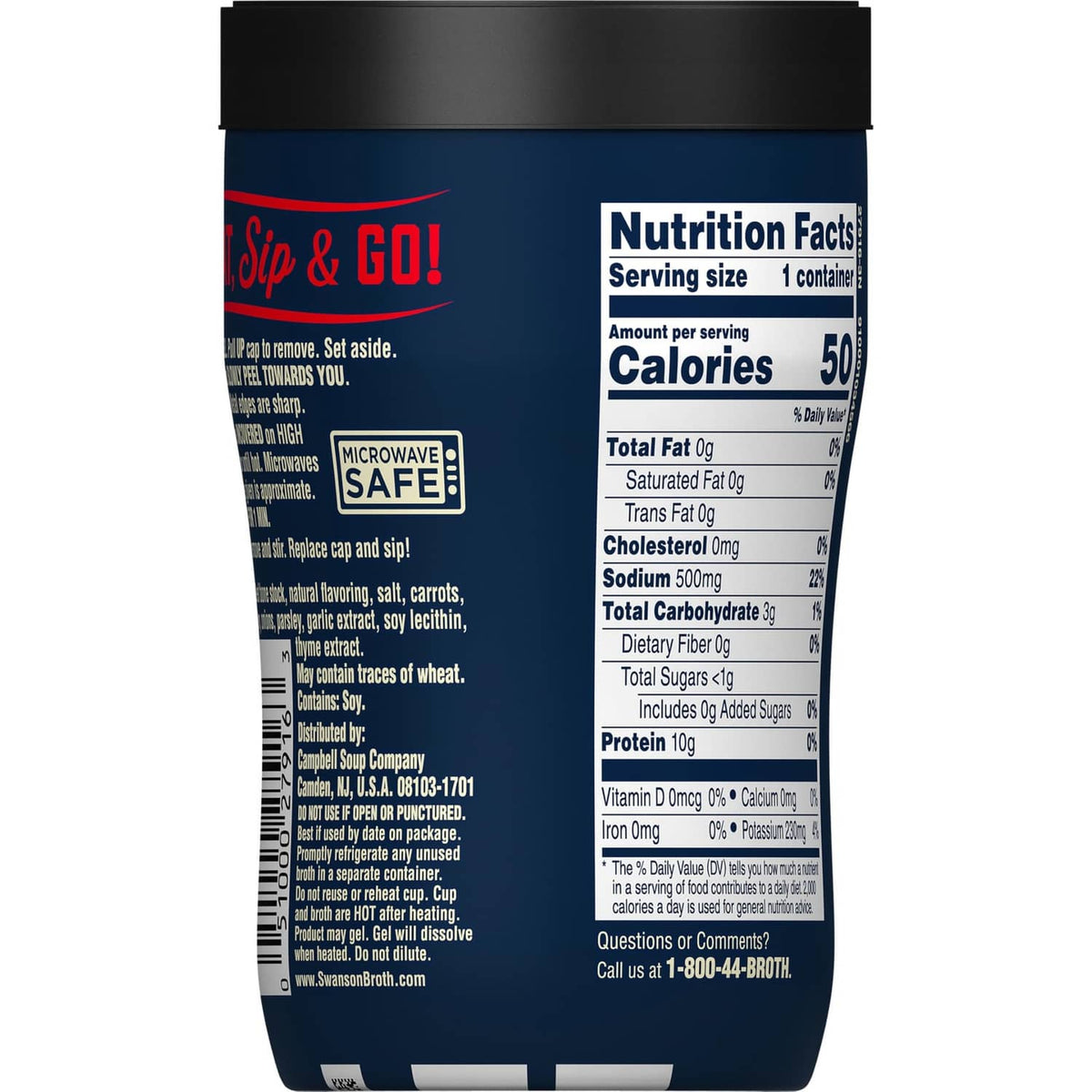 Back label on bone broth cup with nutrition facts and safety instructions
