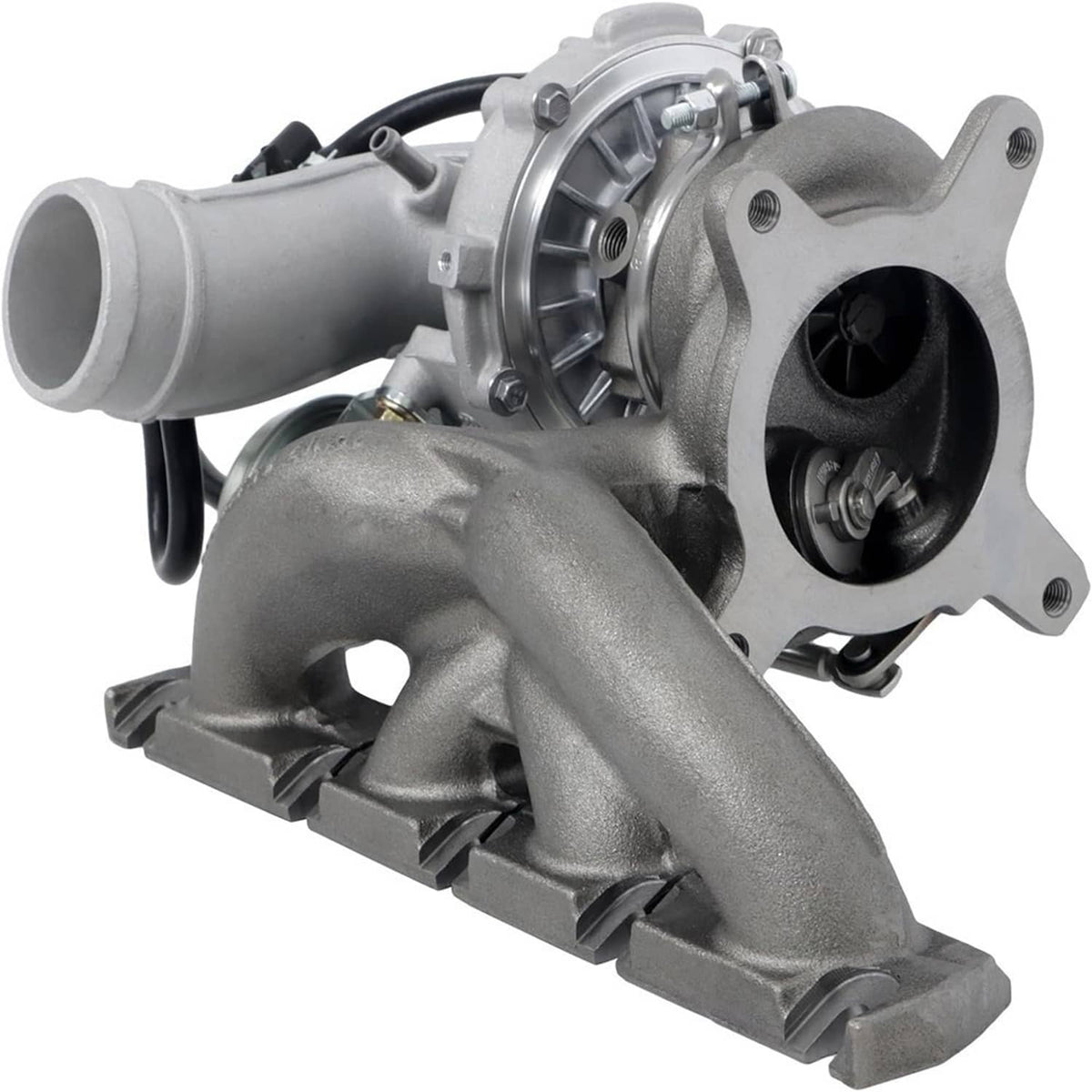 Turbocharger with silver compressor housing and black inlet opening
