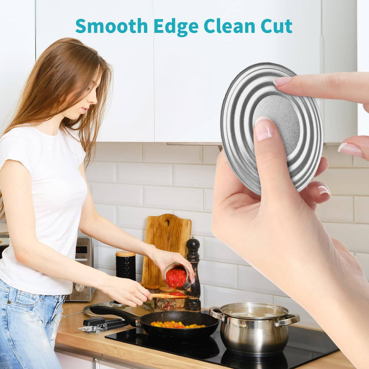 Manual can opener held by hand over a metal lid for clean cutting.