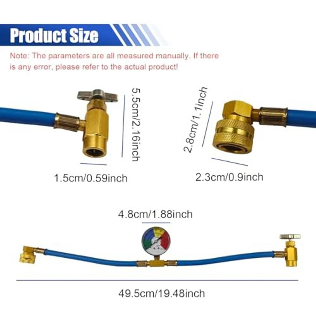Car AC refrigerant charge hose kit laid out with pressure gauge and gold fittings
