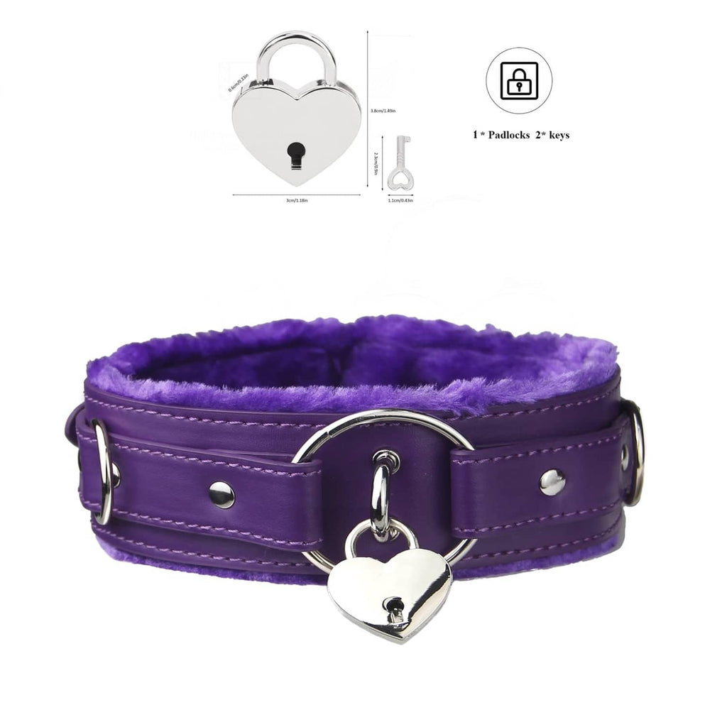 Purple leather choker collar with heart padlock charm and adjustable fit