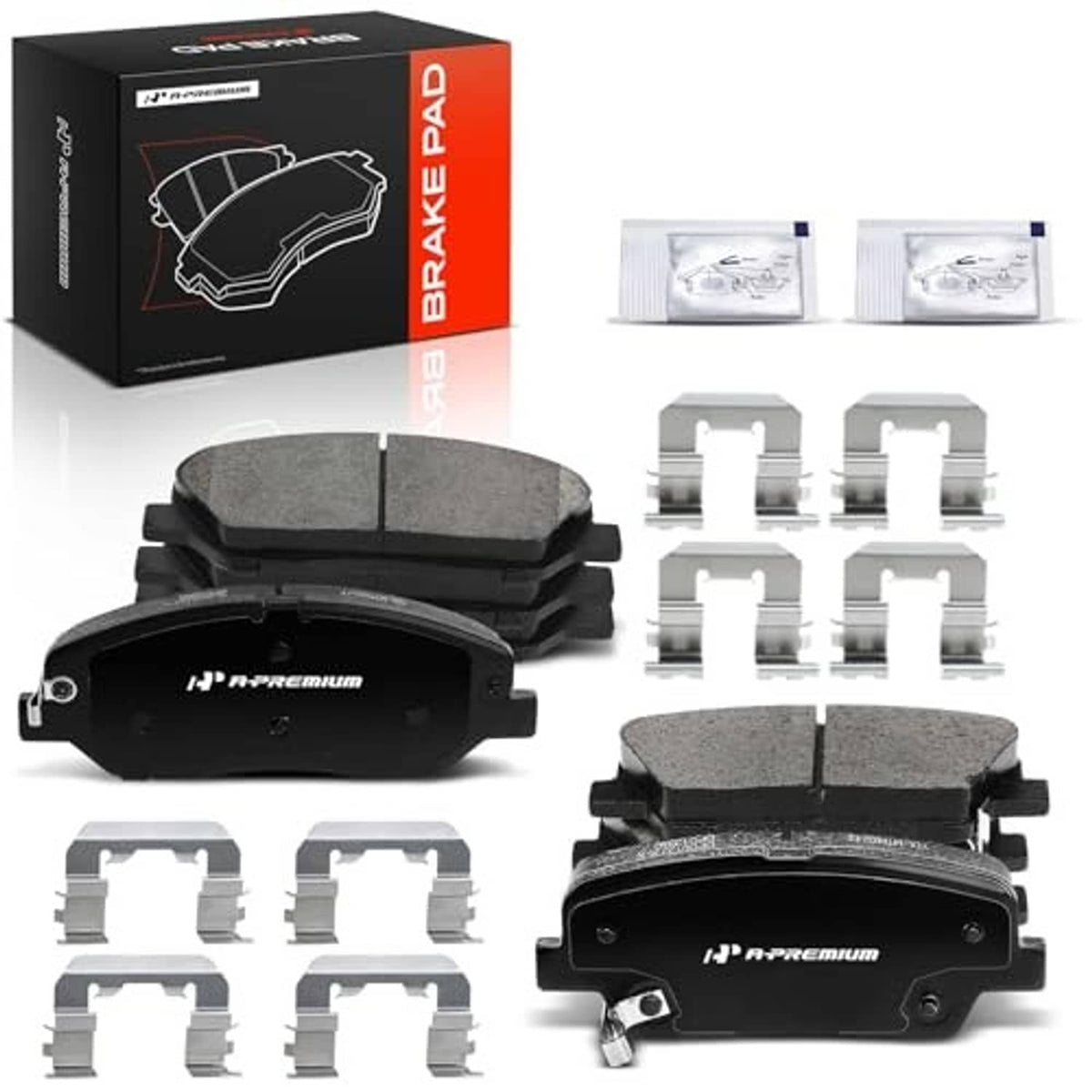 Front and rear ceramic brake pads set with packaging, pads, and mounting hardware