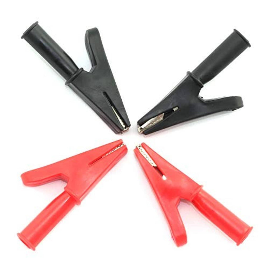 Two pairs of insulated alligator clip protectors: black and red, with metal jaws