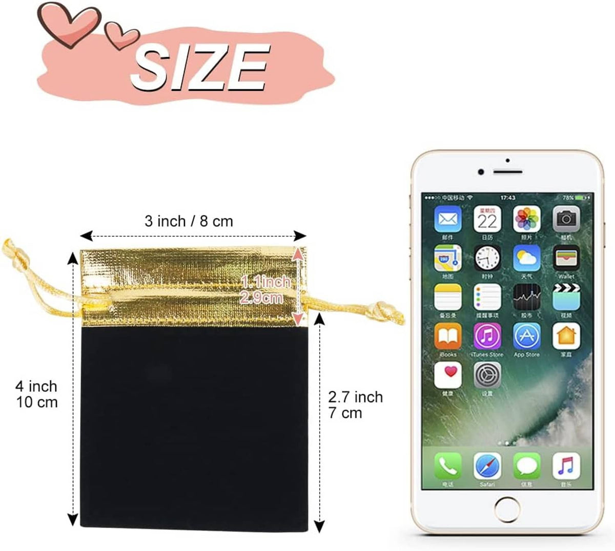 Black velvet drawstring pouch with gold trim; size shown as about 3 x 4 inch