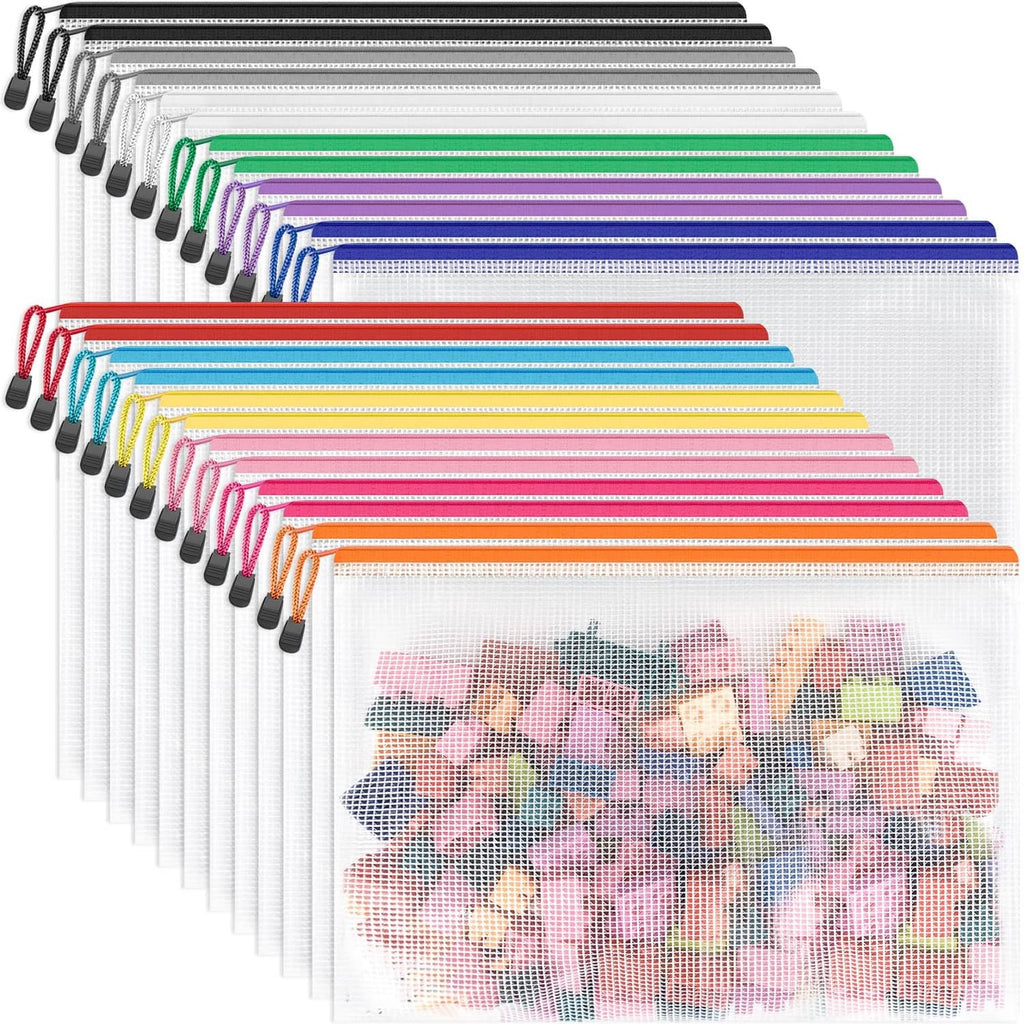 Set of A4 zipper pouches in assorted colors, stacked for storage