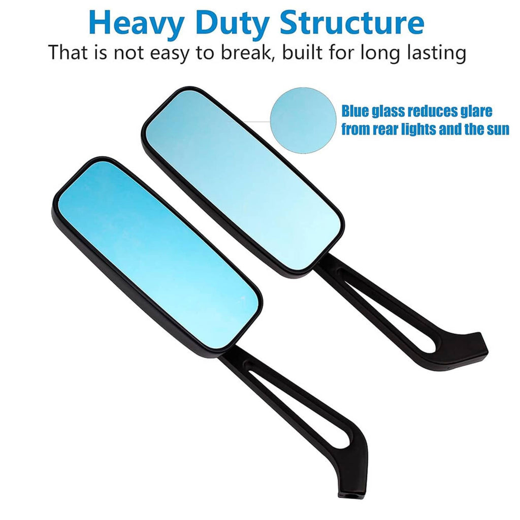 Pair of rectangular mirrors with blue glass, black frames, and long support arms