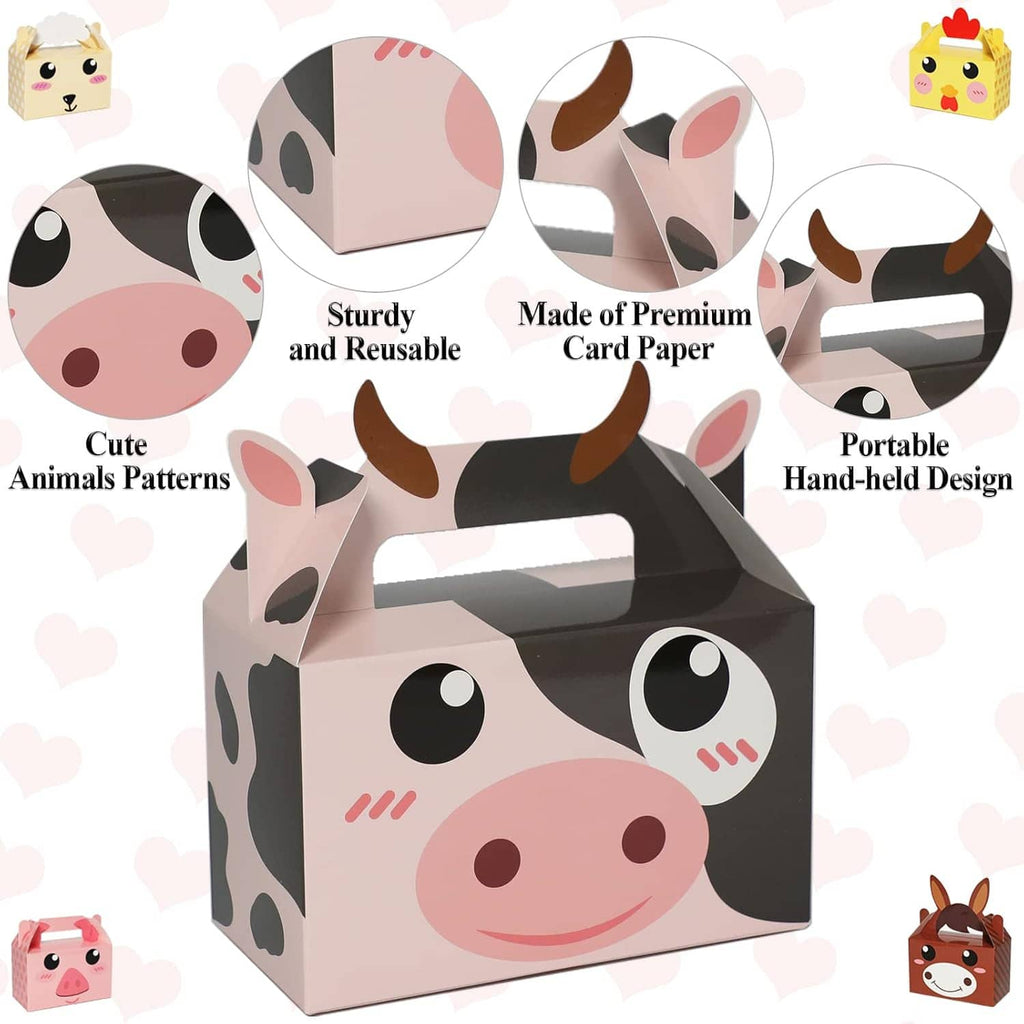 Brown-and-white cow treat box with handle and smiling face, farm animal design