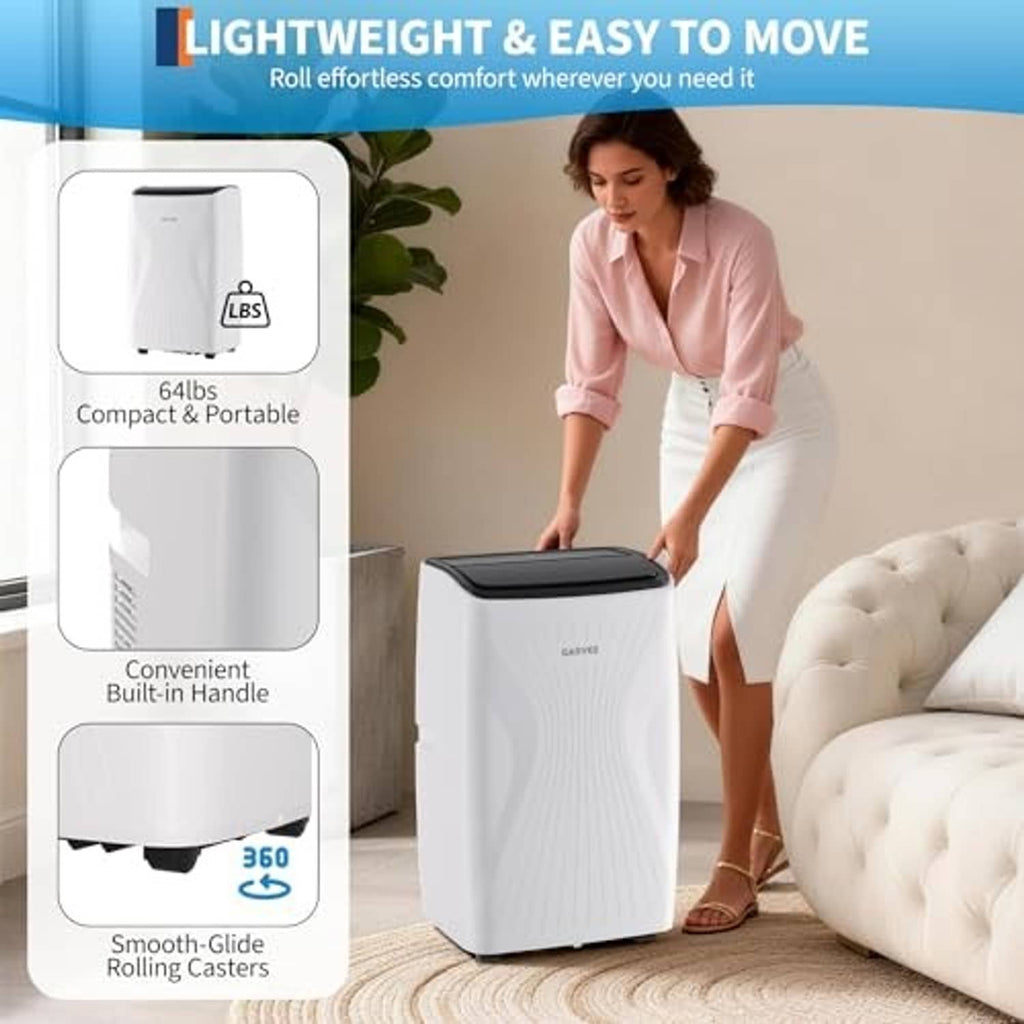 White portable air conditioner with 360° rolling casters and built-in carry handle.