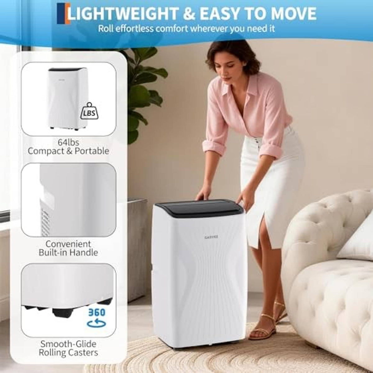 White portable air conditioner with 360° rolling casters and built-in carry handle.