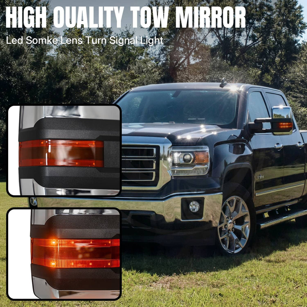 Heated towing mirror pair with amber LED turn signal lights shown on truck