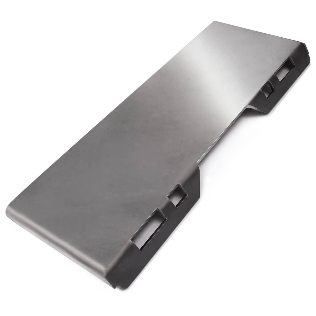Dark metal mount plate adapter with bracket tabs for loader connection