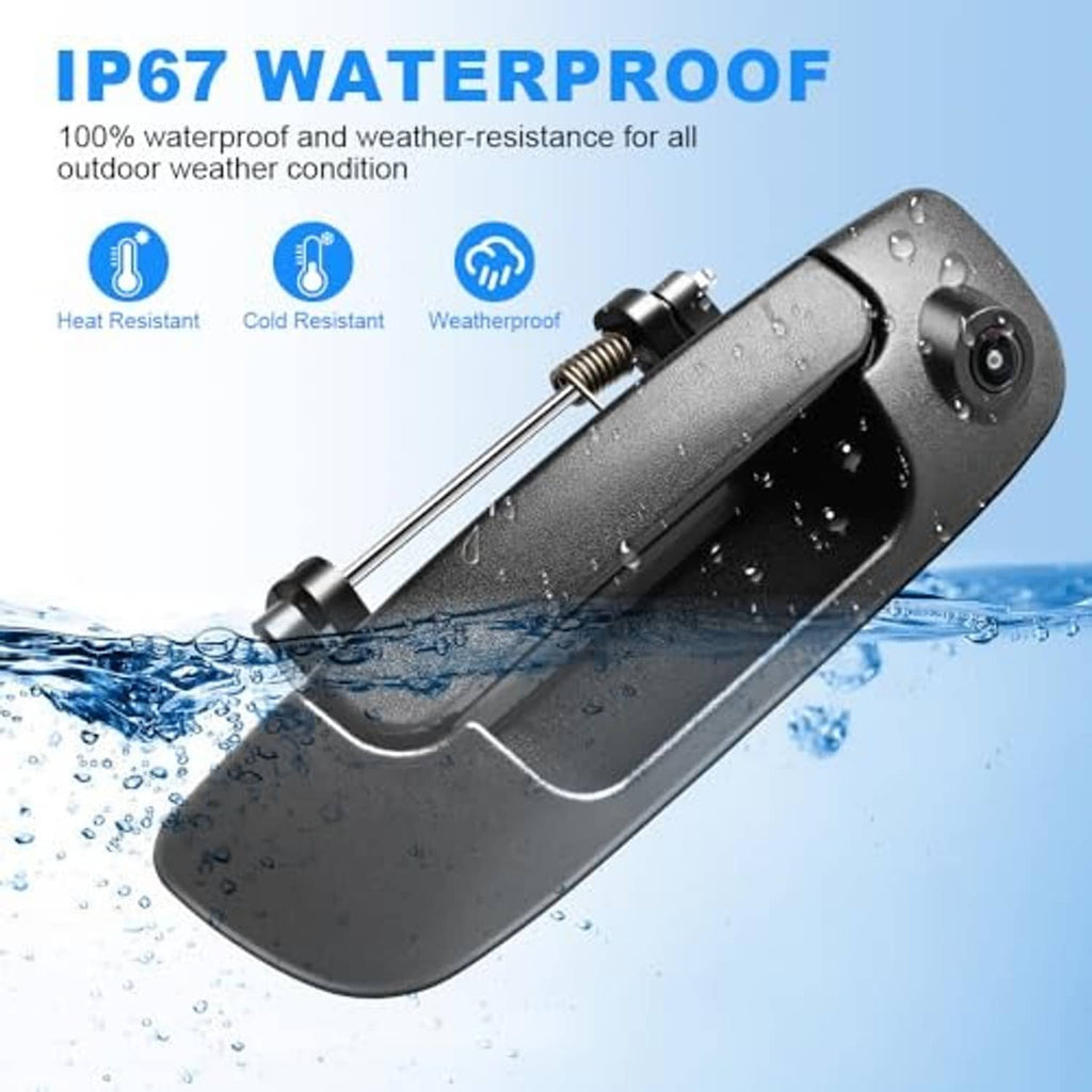 Waterproof black tailgate handle backup camera with round lens facing forward