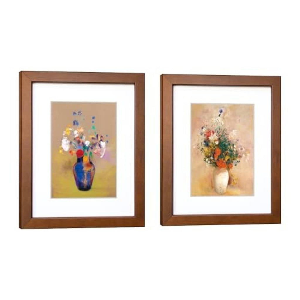 Pair of brown solid-wood 11x14 picture frames with white mats and glass
