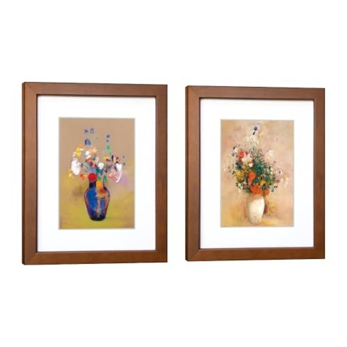 Pair of brown solid-wood 11x14 picture frames with white mats and glass