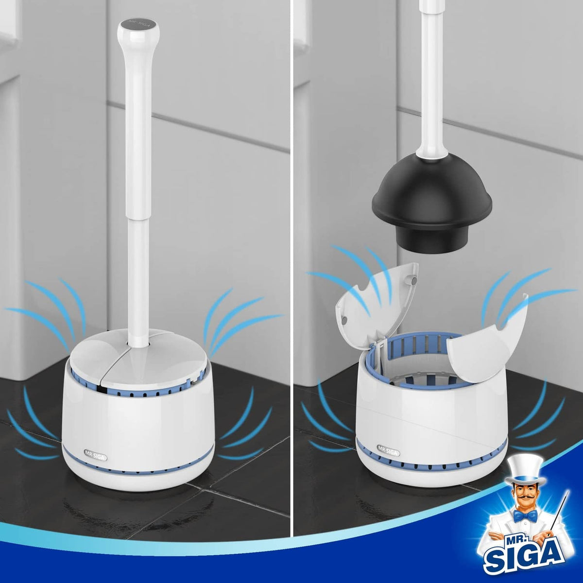 Toilet plunger holder with lid flaps open and black rubber cup on white handle