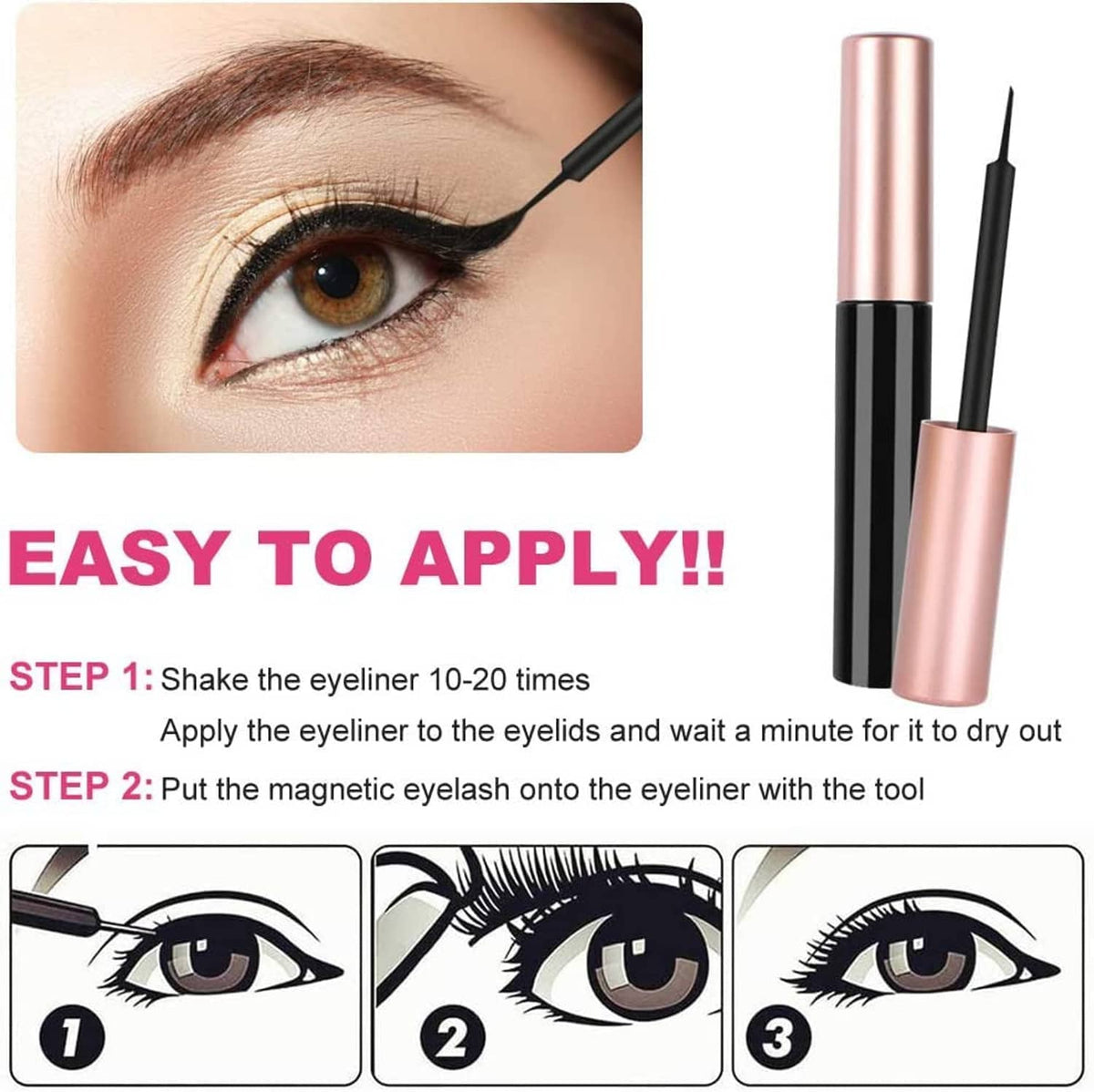 Magnetic eyelash kit applying eyeliner with a black liner tool near an eye