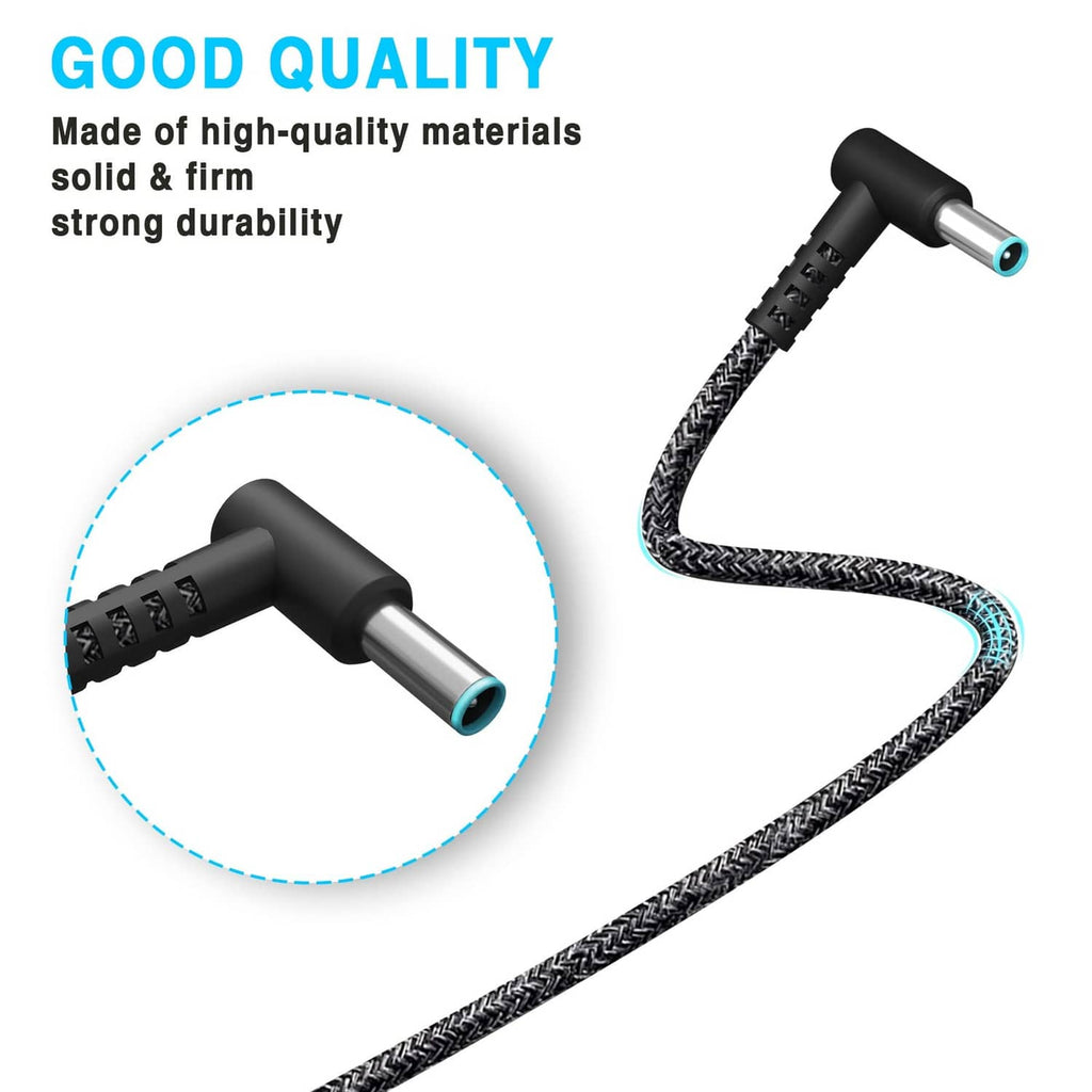Black laptop charger adapter with blue-ring barrel plug and braided cable close-up