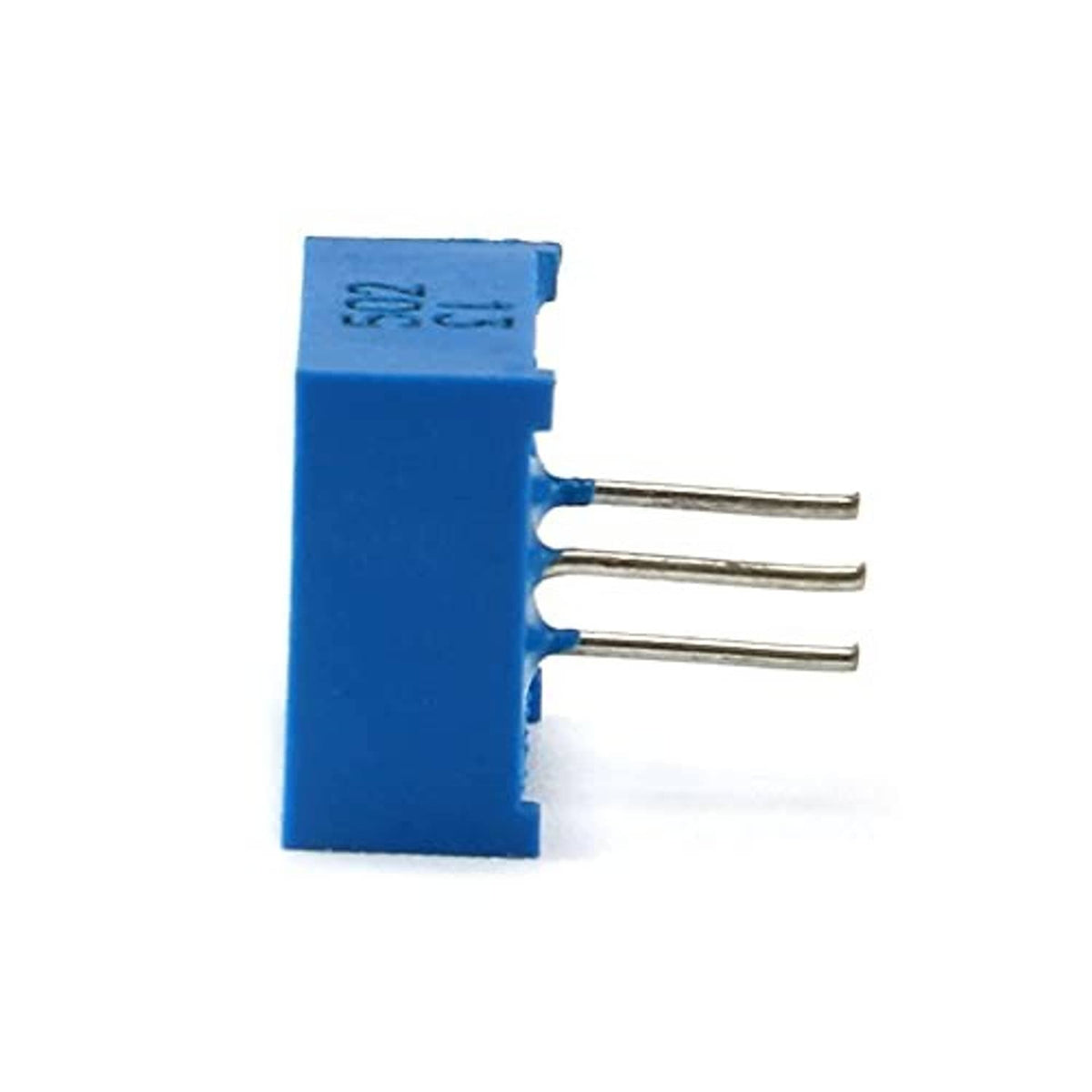 Blue 3-pin trimpot potentiometer with three metal pins and top molded adjustment housing