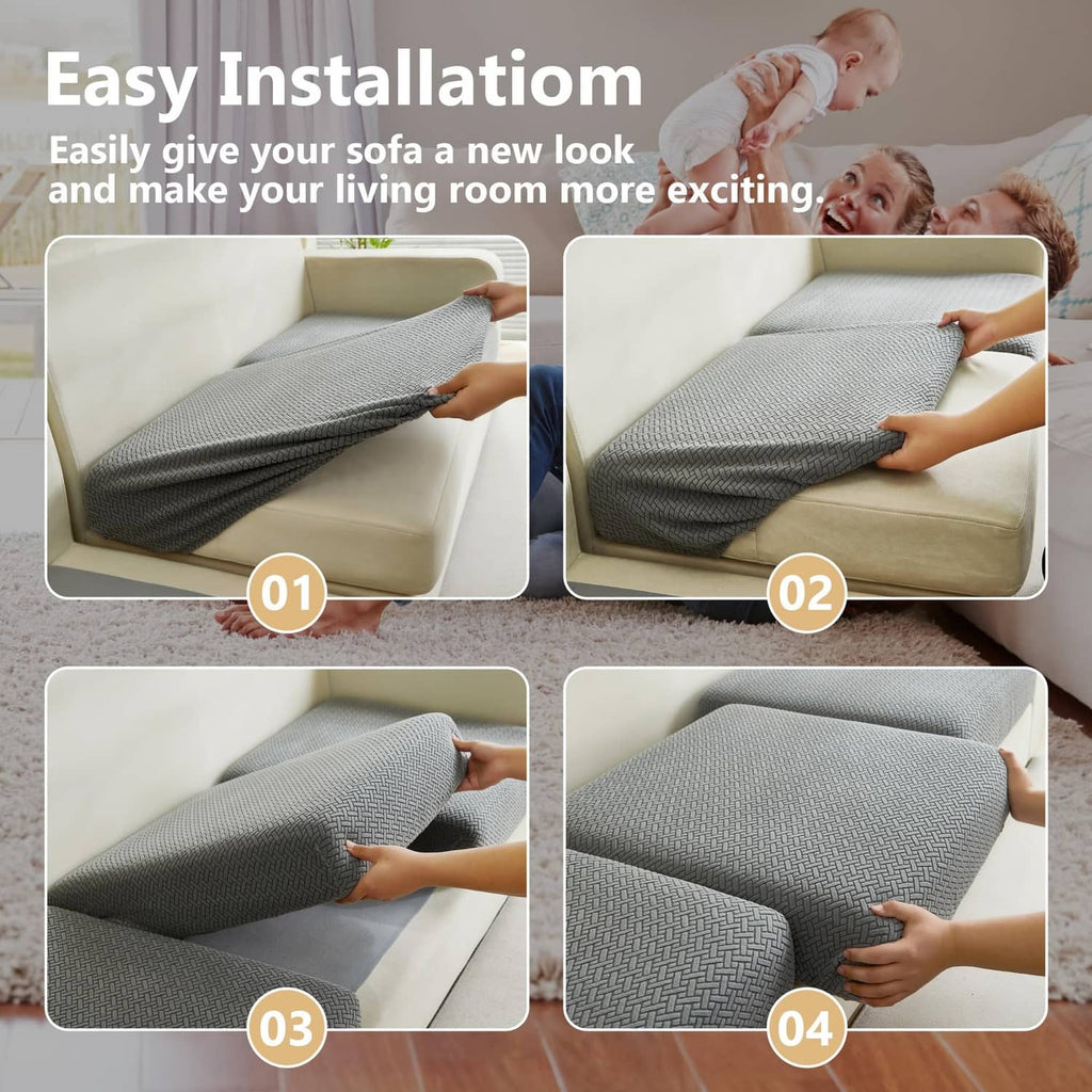 Gray chaise cushion cover installation steps showing fit on sofa seat cushion