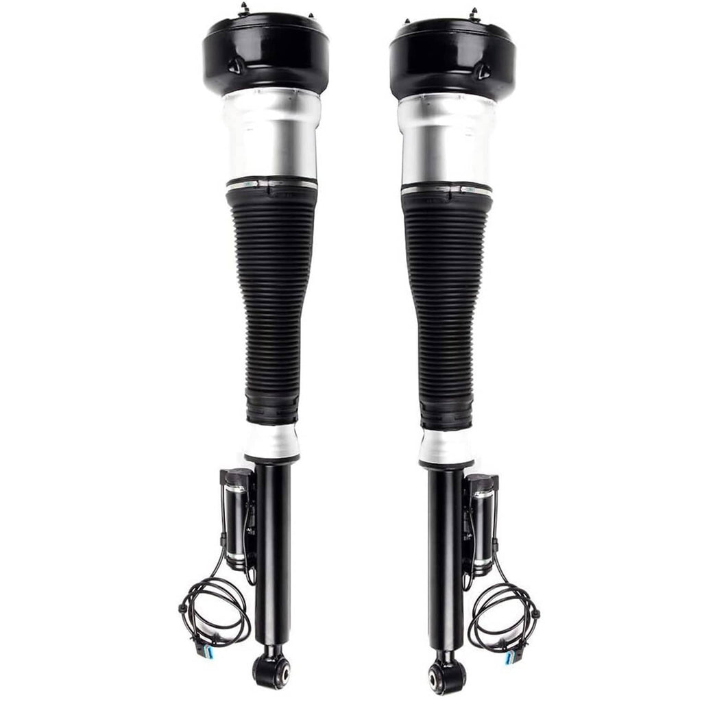 Rear air suspension strut pair with black bellows and silver body, includes wiring